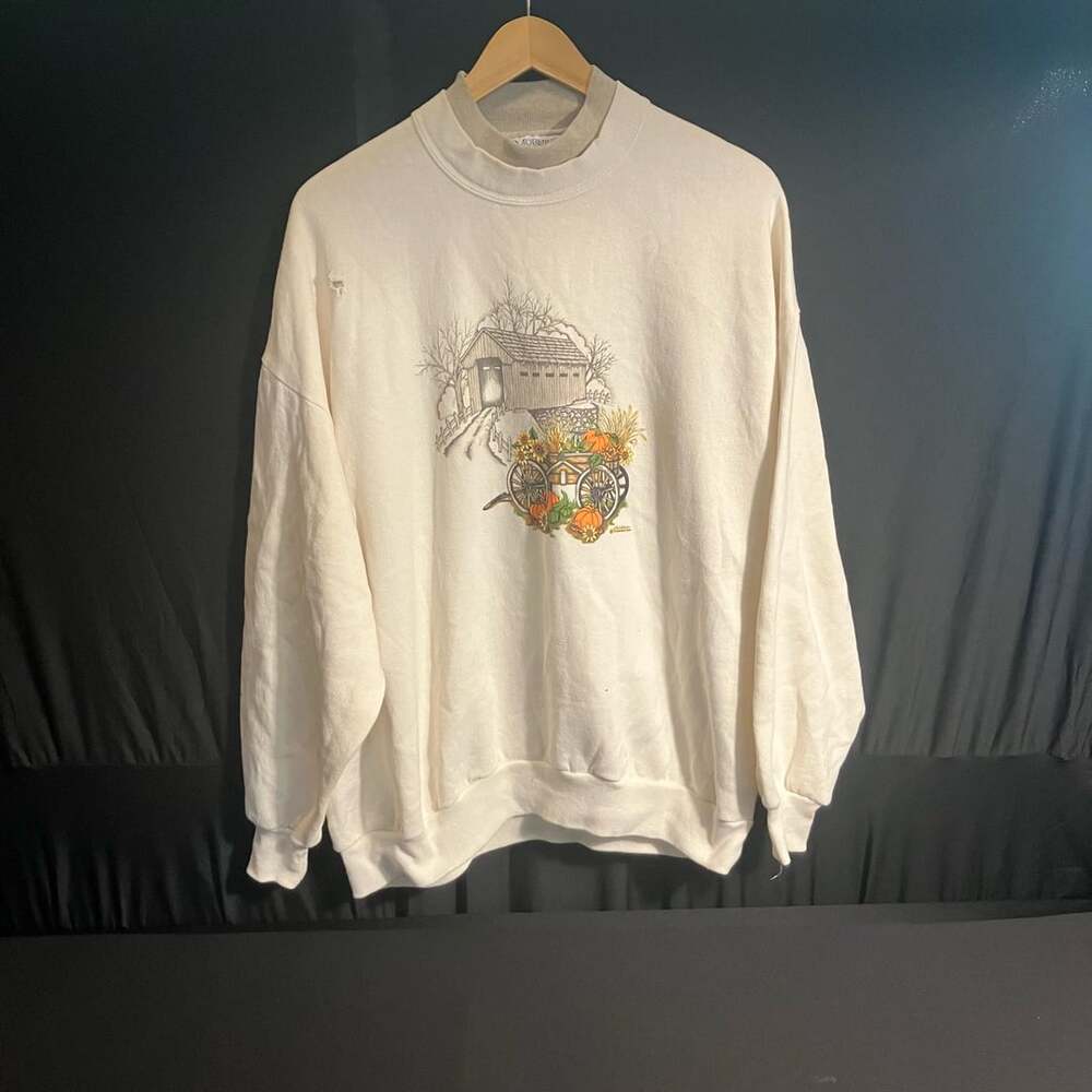 Vintage Fall Crewneck Sweater Pumpkins Flowers Birds Graphic Beige Medium